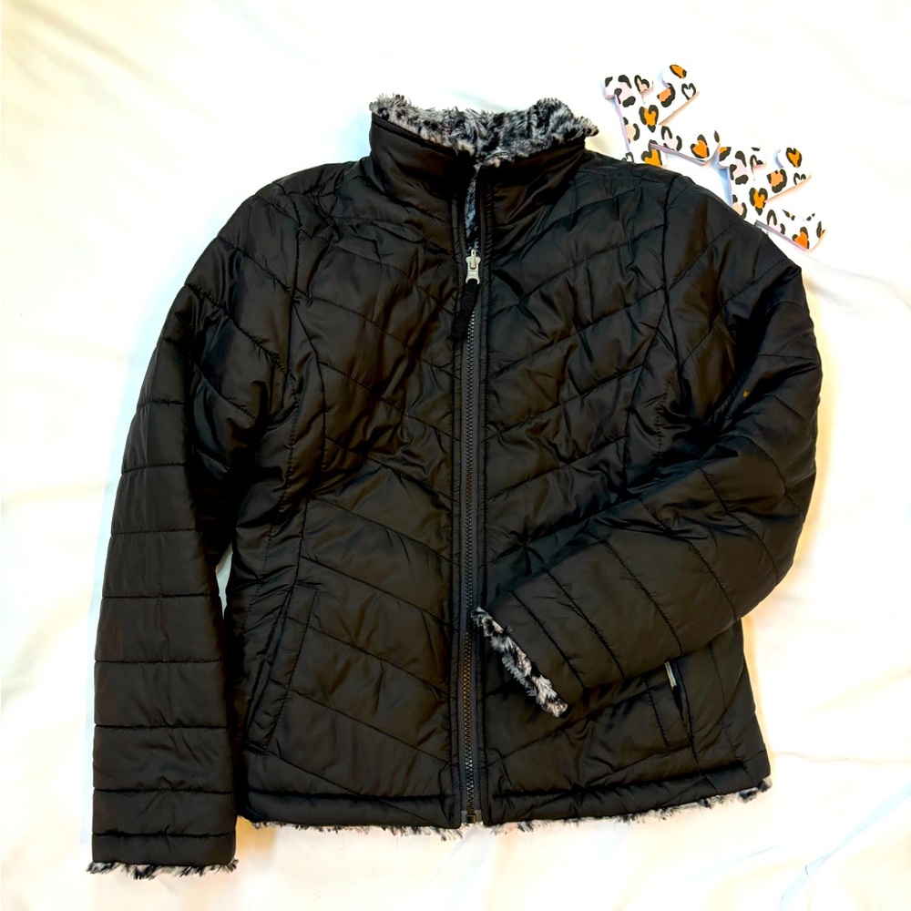 Black Quilted Jacket with Pink, Grey and Black Faux Fur Lining. Reversible.